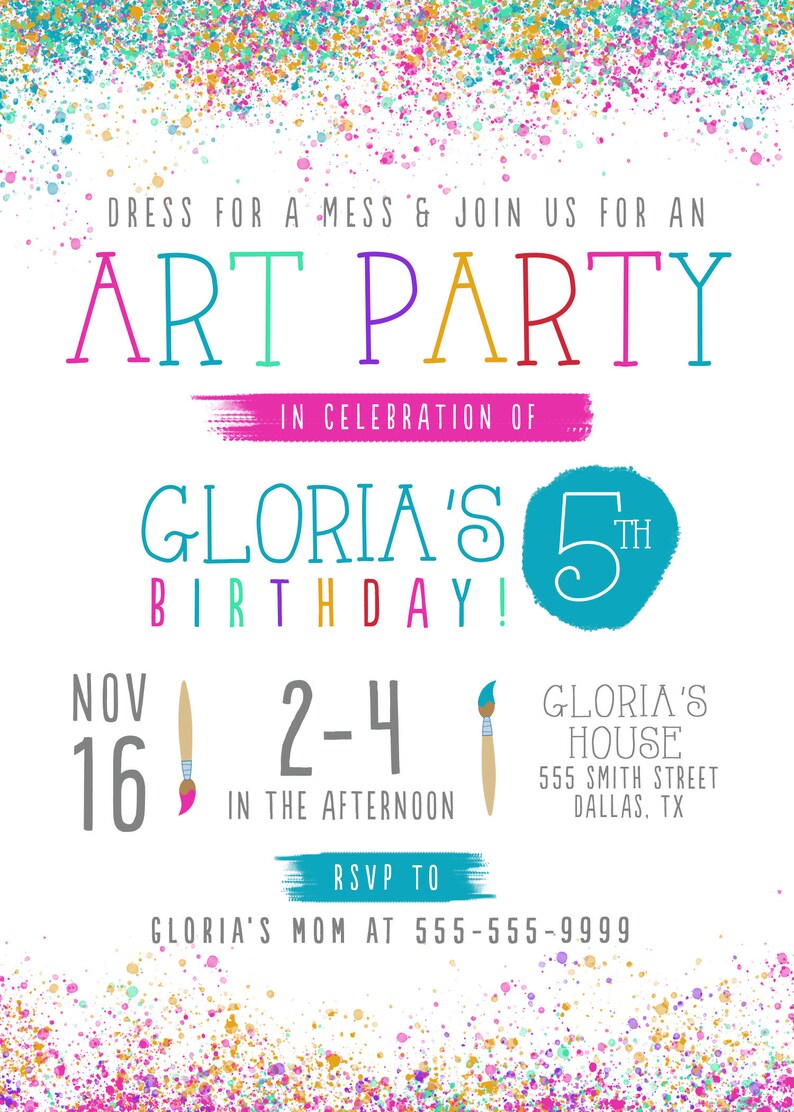 Art Birthday Party Invitation Girl's Birthday Invitation Etsy