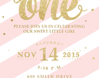 Gold Glitter and Pink Stripes - Girl's Birthday Party Invitation - PERSONALIZED