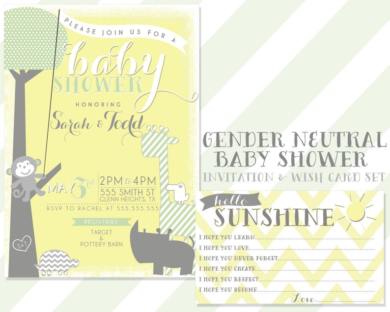 Gender Neutral Animal Baby Shower Invitation &amp; Wish Card