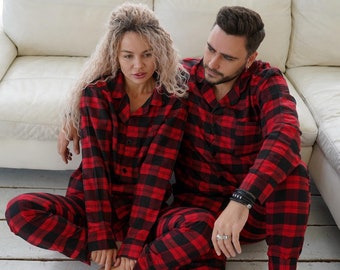 Couples Christmas pajamas, Matching family christmas pajamas, unisex plaid pajamas red and black cotton