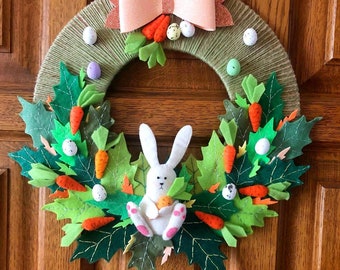 Felt Easter front door wreath, Easter door decor, Happy Easter, Easter bunny