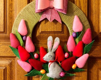 Easter flower door wreath with bunny, Felt wreath, Easter decor, Happy Easter