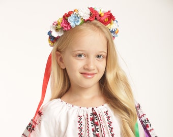 Ukrainian Wreath, Flower Girl Headband, Floral Headdress, Rainbow Head Wreath