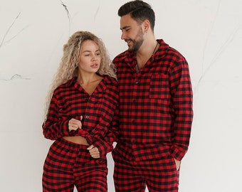 Family christmas pajamas red, matching couples Christmas pajamas, unisex plaid pajamas cotton Valentines gift