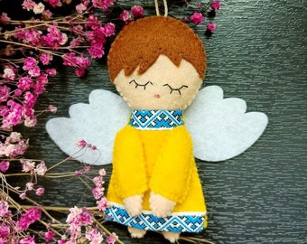 Blue yellow Ukrainian angel, Christmas ornaments, Felt toy on Christmas tree,  Christmas gift, Stand with Ukraine