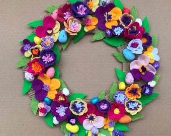 Easter front door wreath, Felt flower leaf Easter door decor, Happy Easter, Easter eggs