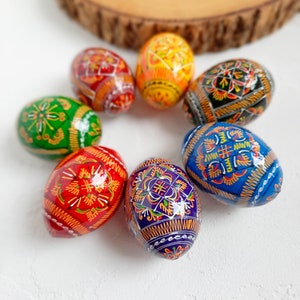 Easter Wooden Eggs, Set 7 Hand Painted Ornaments Eggs, Ukrainian Traditional Pysanka, Easter Home Decor