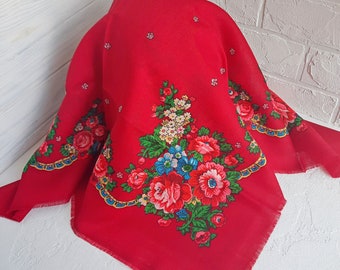 1990 Ukrainian vintage wool shawl, red floral scarf, Ukrainian head scarf, Scarves Babushka Hustka Traditional gifts for women