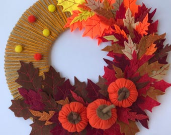 Felt Pumpkin Wreath: Autumn Harvest Decor, Halloween Door Wreath