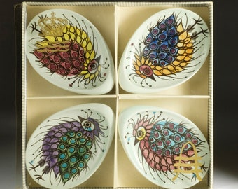 Aluminia / Royal Copenhagen - TENERA - Beth Breyen - Four Small Plates with Birds (Crazy Bird) in original box