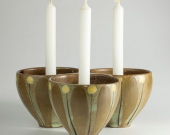 Dybdahl Denmark - Very rare handpainted three-part candlestick in brown, green colours