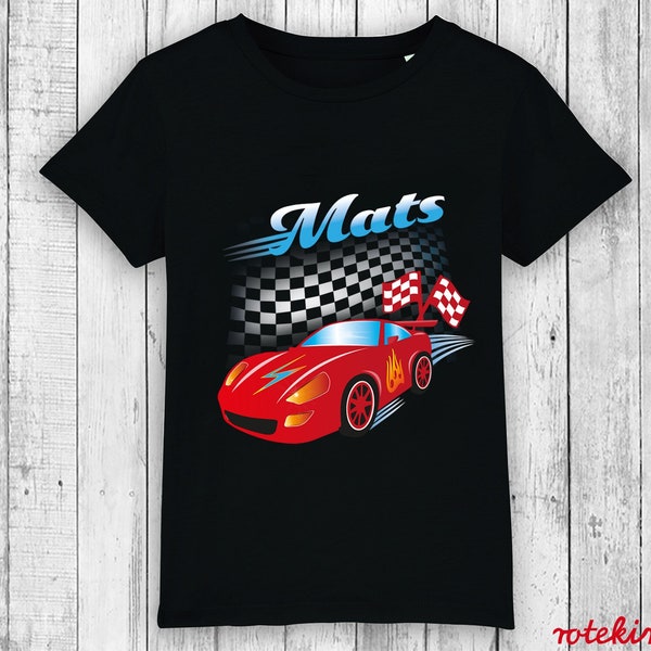 Namensshirt mit RENNWAGEN, Geschenk für Rennautofans zum Geburtstag, zu Ostern, zur Einschulung