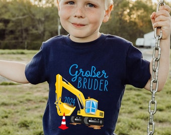 Großer Bruder 2024  | T-Shirt BAGGER Schwangerschaft verkünden | Geschwistershirts Geschwisteroutfit Familienfest Geburt Cousin | Baustelle