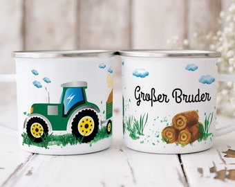 Tractor cup BIG BROTHER with name | Little Brother Big Sister Middle Brother...| Birth sibling child baby enamel cup children