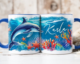 Tasse DELFIN personalisiert, Geschenk Kindertasse, Meer Korallen, Seepferdchen, Seesterne, Geschenk zum Geburtstag, Einschulung, Ostern