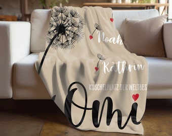 Personalisierte Kuscheldecke für Oma Omi, mit Pusteblume und den Namen der Enkel, Geschenk zum runden Geburtstag, Muttertag, Ostern