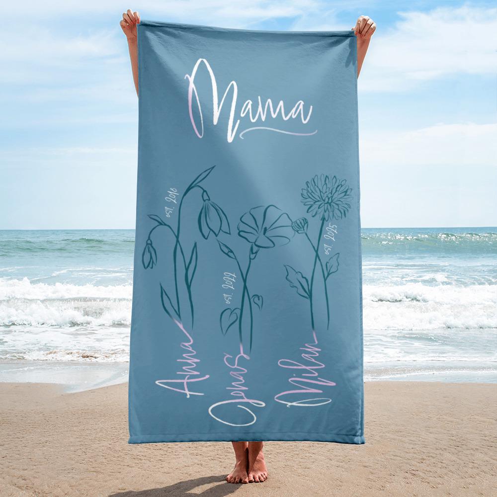MAMA towel birth flowers, personalized with child's name, bath towel, beach towel, sauna towel, gift Mother's Day, birthday, Christmas
