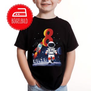 IRON-ON IMAGE Astronaut with birthday number & name | DIY birthday shirt with space design for T-shirts, hoodies, gym bags, pillows