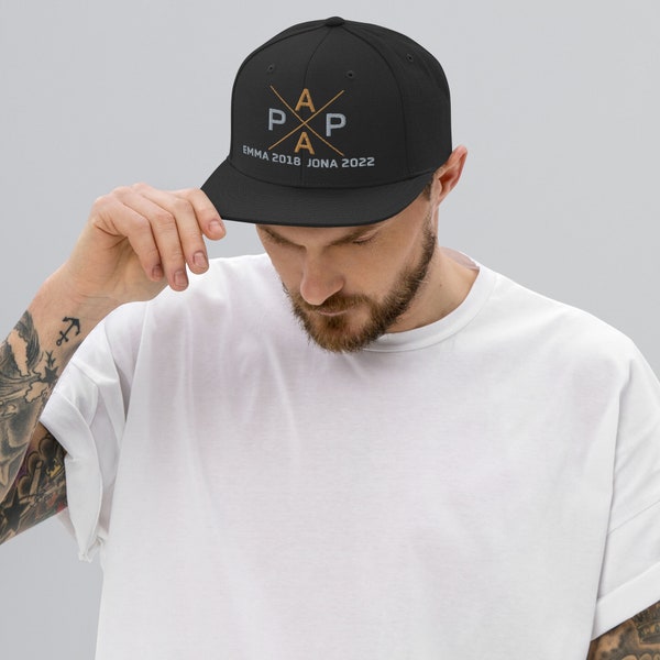 PAPA SNAPBACK Cap Cappy Mütze, personalisiert mit Kindernamen, zum Vatertag, bestickt, Geschenk für Väter, Geburtstag, Ostern, Geburt