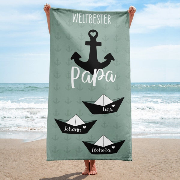 PAPA personalisiertes Handtuch BADETUCH, Papa als Anker, Schiffchen mit den Kindernamen, Geschenk zum Vatertag, Geburtstag, Geburt, Ostern