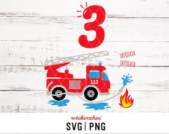 Feuerwehr 3, SVG PNG,  Plotterdatei mit der Zahl 3, für Geburtstagsshirt, Polizei Feuerwehrauto, DIY T-Shirt, Tasche, Kissen, Beutel, Pulli