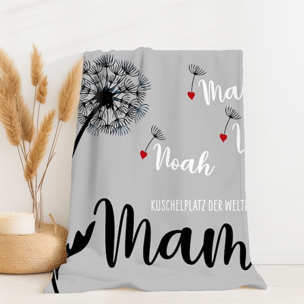 Personalisierte Kuscheldecke für Mama, Mami, mit Pusteblume und den Namen der Kinder, Geschenk zu Muttertag, zum Geburtstag, Ostern