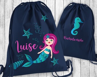 Personalisierter Turnbeutel MEERJUNGFRAU | Stoffbeutel Rucksack Gymsac Taschen | für Schule Kita Sport Turnen | mit Namen | Seepferdchen