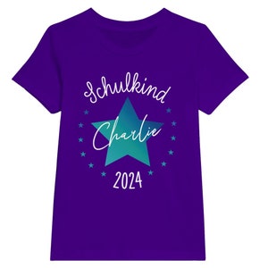 Schoolchild 2024, personalized T-shirt with name, star, for school enrollment 2024, gift for first graders, for the school cone, sugar cone Purple