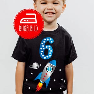 IRON-ON IMAGE rocket for birthday shirts with name & age personalized, for shirts, gym bags, pillows, school cones, motif space, outer space