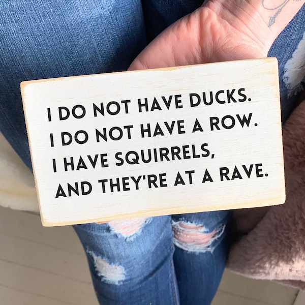 I do not have ducks.  I do not have a row.  I have squirrels,  and they're at a rave / Sarcastic wood plaque / Funny Desk Sign / Office Gift