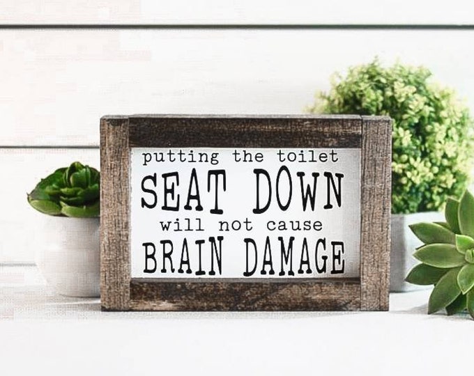 funny bathroom sign, putting the toilet seat down will not cause brain damage, home decor modern farmhouse framed sign, rustic wall art