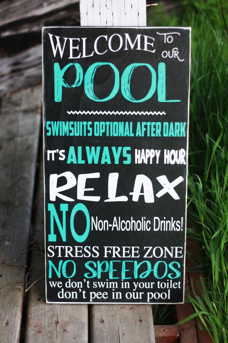 Welcome to our pool sign / pool rules wooden wall art | Etsy