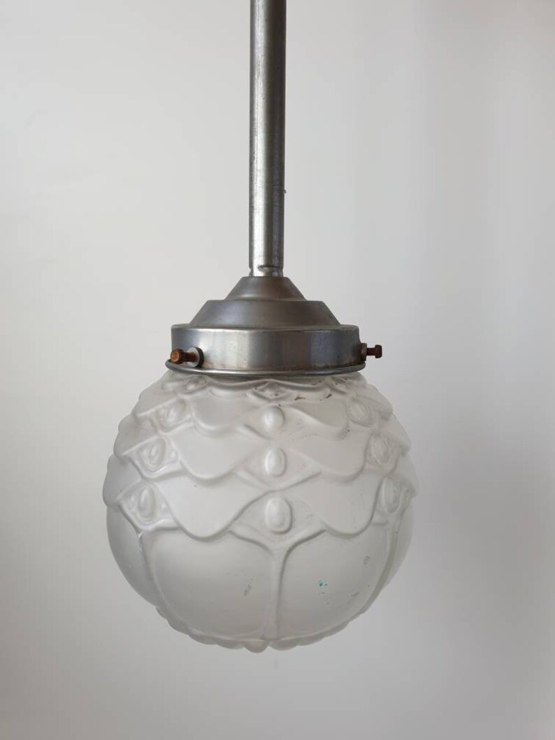 Sweet Vintage Glass Pendant Light 1930s Chrome Ceiling Light Rewired