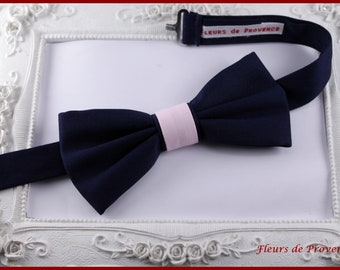 Noeud papillon bleu marine et rose / pochette costume rose / boutons manchette rose  - Homme / enfant / bebe
