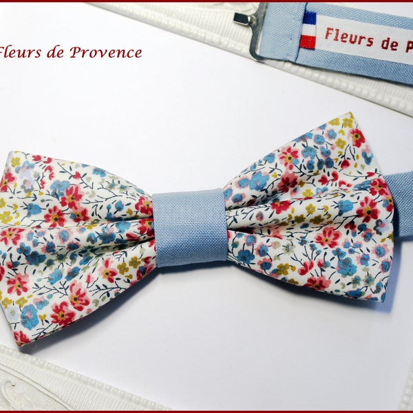 Noeud Papillon / pochette costume / boutons manchette Tissu Liberty Phoebe bleu rouge et uni bleu- Homme / Enfant / Bebe