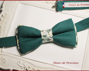 Bow tie / Suit pocket / Cufflinks - English green Liberty Marguerite fabric and bottle green linen - Man / child / baby