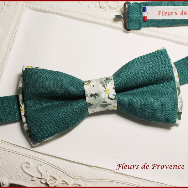 Noeud Papillon / Pochette costume / Boutons manchette  - Tissu Liberty Marguerite vert anglais et lin vert bouteille - Homme / enfant / bebe