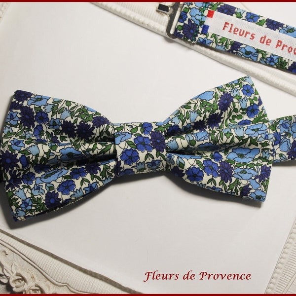 Noeud Papillon / boutons manchette / Pochette costume Tissu Liberty Poppy and Daisy bleu, vert, blanc  - Homme / enfant / bebe