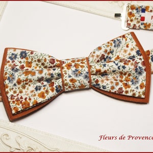 Noeud Papillon double / Pochette costume / Boutons manchette Tissu Liberty Phoebe Rouille et lin terracotta Homme / enfant / bebe image 1