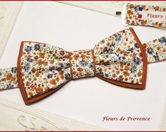 Double bow tie / Suit pocket / Cufflinks - Liberty Phoebe Rust fabric and terracotta linen - Man / child / baby