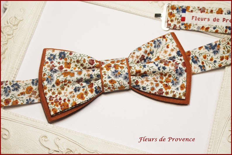 Noeud Papillon double / Pochette costume / Boutons manchette Tissu Liberty Phoebe Rouille et lin terracotta Homme / enfant / bebe image 1