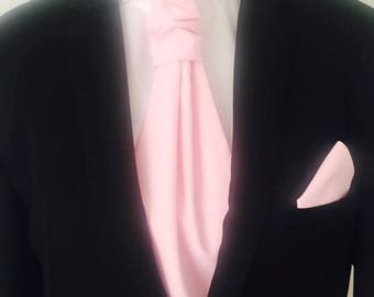 Ascot tie (Lavallière) / suit pocket / plain pink cufflinks - Men