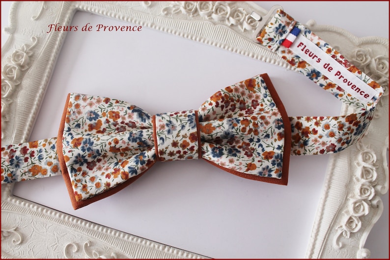 Noeud Papillon double / Pochette costume / Boutons manchette Tissu Liberty Phoebe Rouille, terre cuite et bleu Homme / enfant / bebe image 4