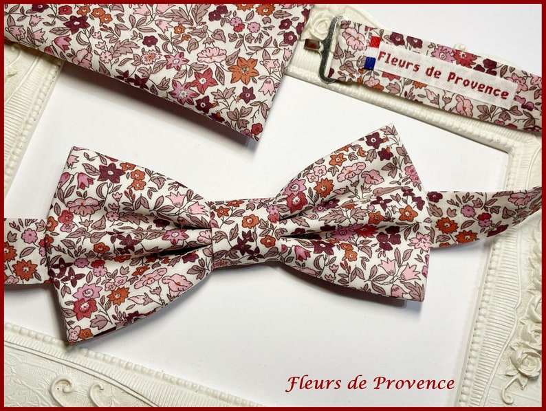 Noeud Papillon / pochette costume / boutons manchette Tissu Liberty Ava bordeaux/rose Homme / enfant / bebe image 3