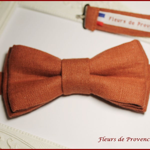 Noeud Papillon double / Pochette costume / boutons manchette - Tissu Lin Terre cuite / terracotta - Homme / Enfant / Bebe