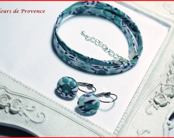 Bracelet  simple ou double / Boucles d'oreille - Tissu Liberty Wiltshire Blue Crystal