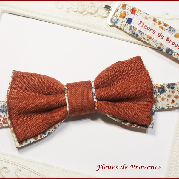 Double bow tie / Suit pocket / Cufflinks - Liberty Phoebe Rust fabric and terracotta linen - Man / child / baby