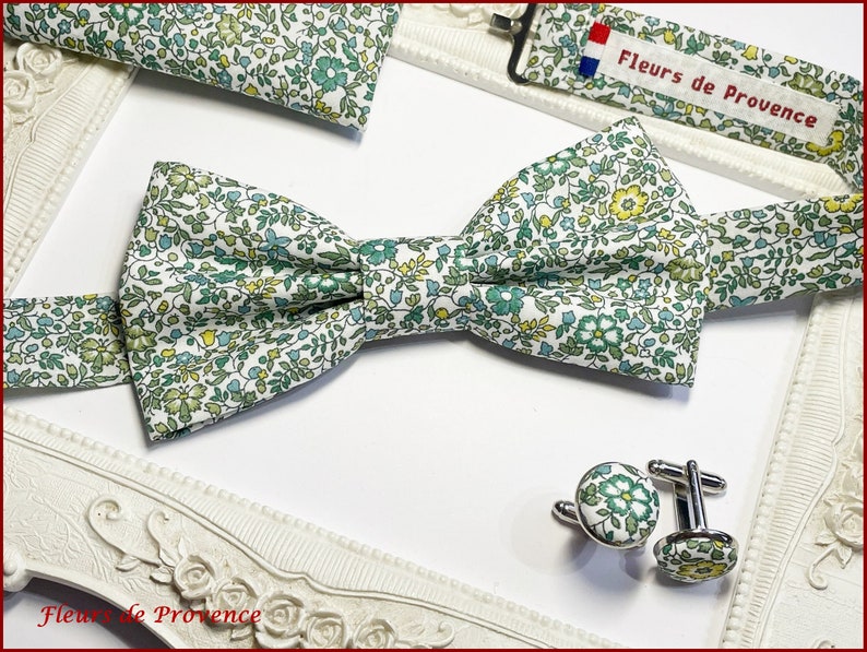 Noeud Papillon / boutons manchette / Pochette costume Tissu Liberty Katie and Millie Mint Homme / enfant / bebe image 4