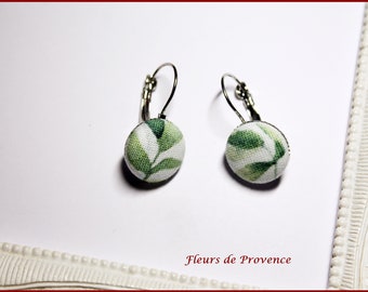 Boucles d'oreille cabochons Tissu Liberty Feuilles Eucalyptus