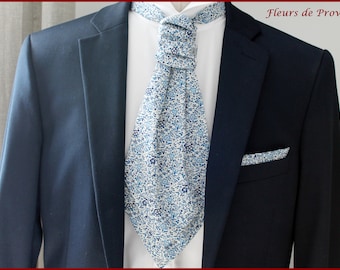 Ascot tie (Lavallière) / pocket square / cufflinks Liberty fabric Katie and Millie blue - Men